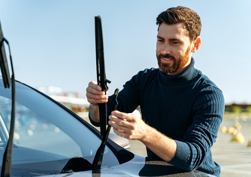 man inspecting windshield wipers