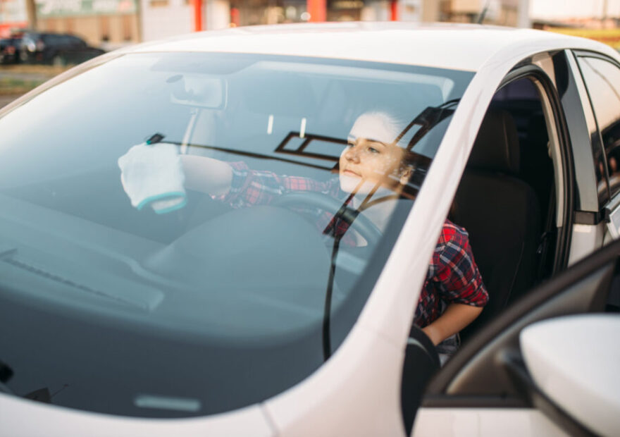 woman washing her car window