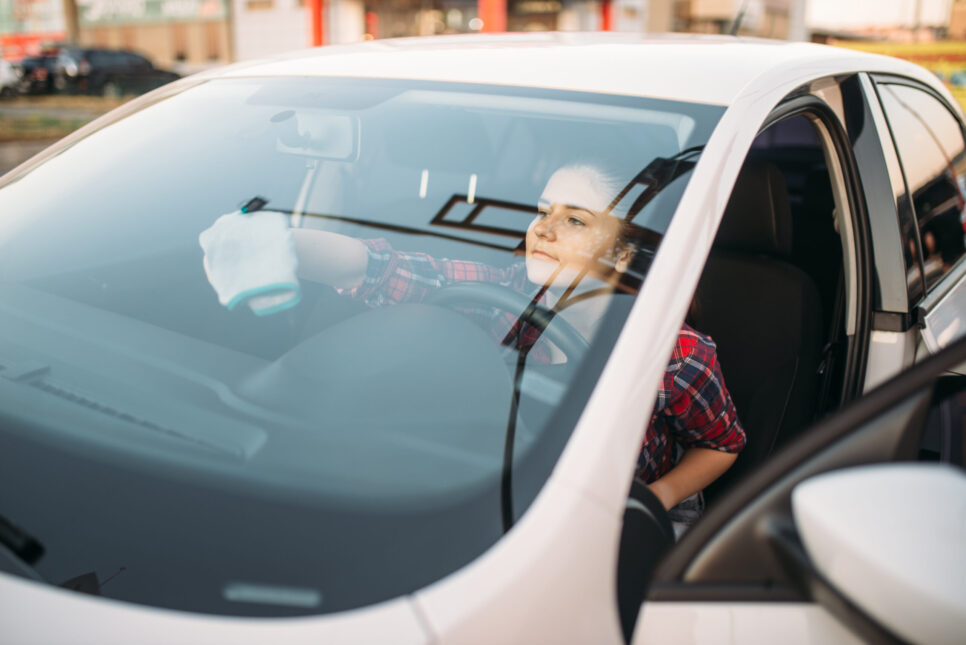 woman washing her car window