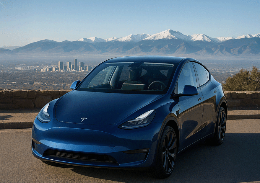 Deep blue Tesla Model Y parked at a scenic overlook above Denver, Colorado, with the city skyline and snow-capped Rocky Mountains in the background under a clear early-morning sky.