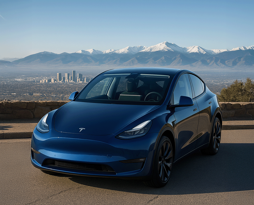Deep blue Tesla Model Y parked at a scenic overlook above Denver, Colorado, with the city skyline and snow-capped Rocky Mountains in the background under a clear early-morning sky.