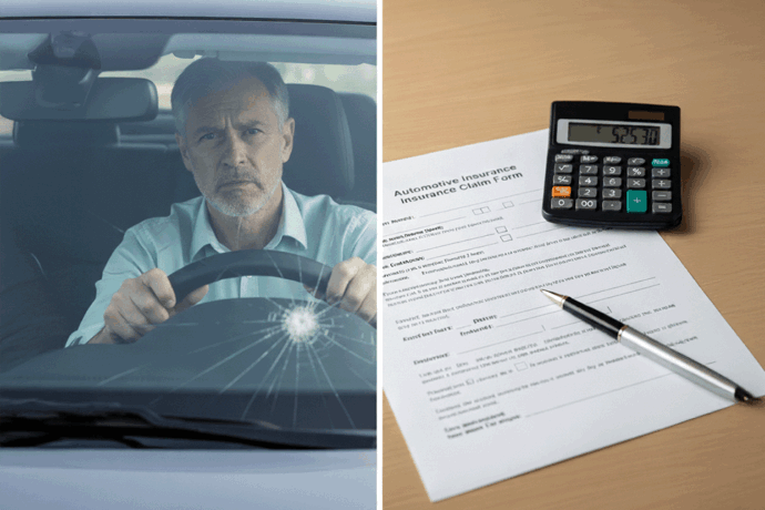 Damaged windshield and an auto insurance claim form.