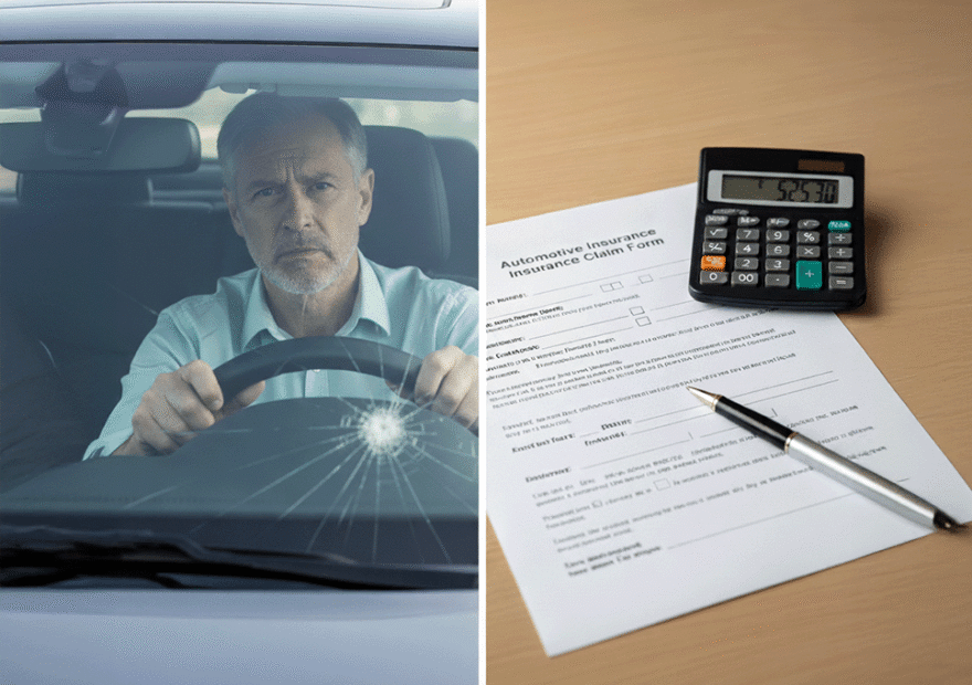 Damaged windshield and an auto insurance claim form.