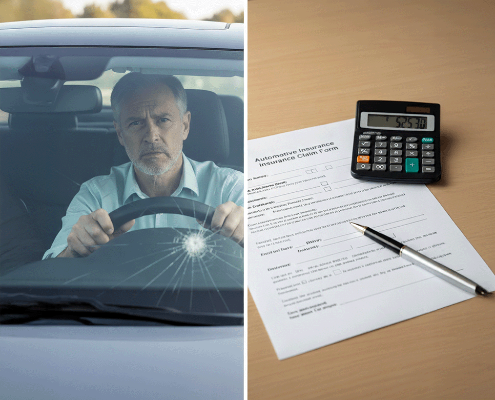 Damaged windshield and an auto insurance claim form.