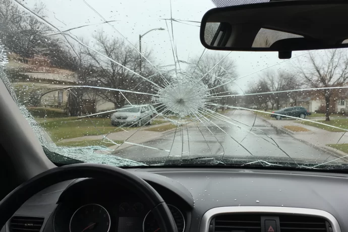 A windshield damaged by hail.
