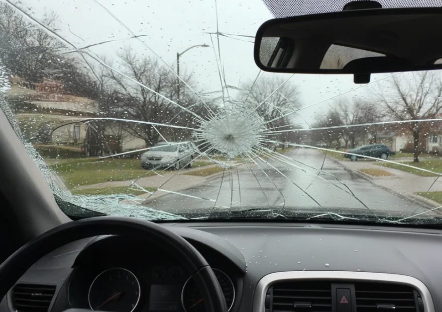 A windshield damaged by hail.