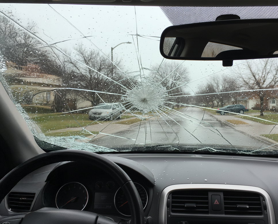 A windshield damaged by hail.