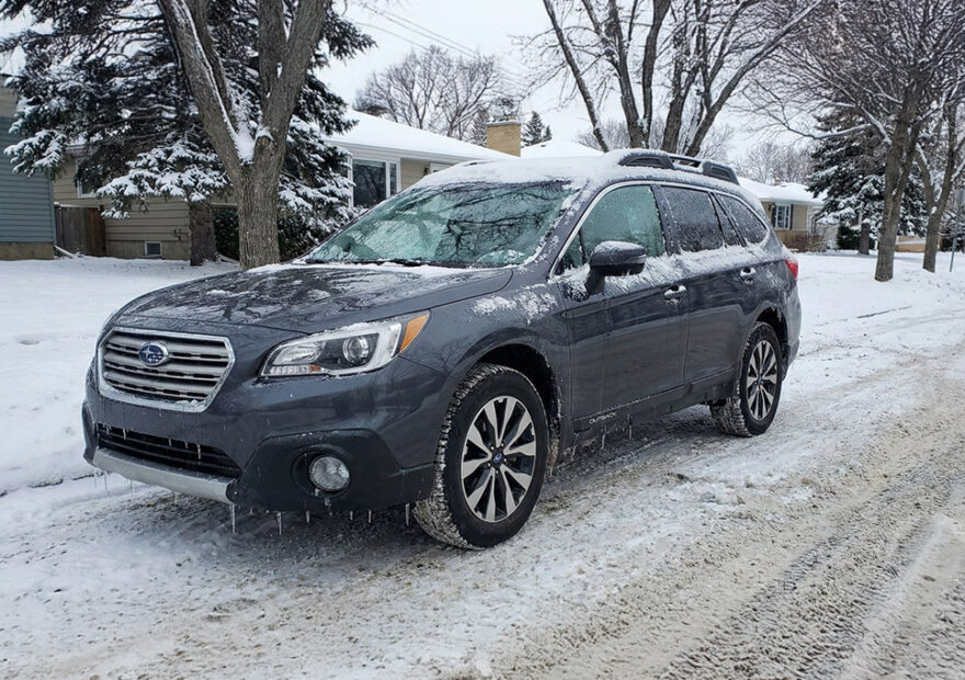 Snow and ice on a vehicle.