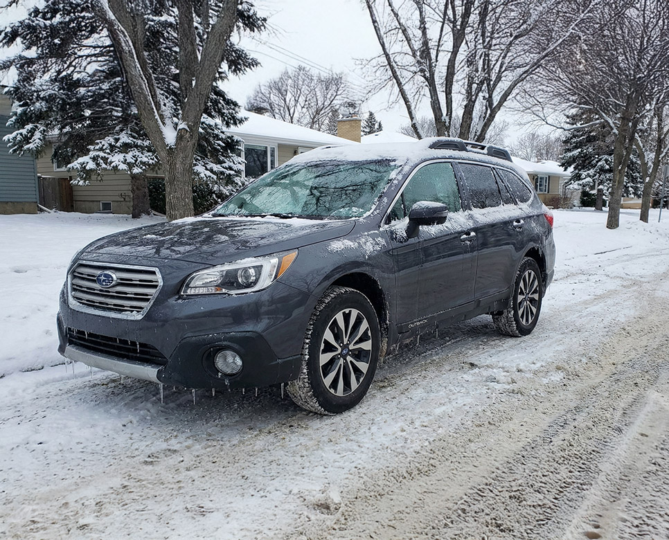 Snow and ice on a vehicle.