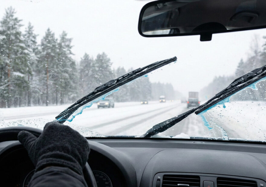 A driver using windshield wiper fluid to clean their windshield while driving.